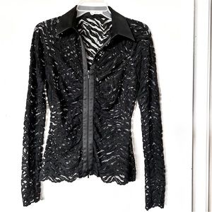 Stunning NWOT Cache Black Stretch Lace Sheer Zip Front Blouse, Size S/M